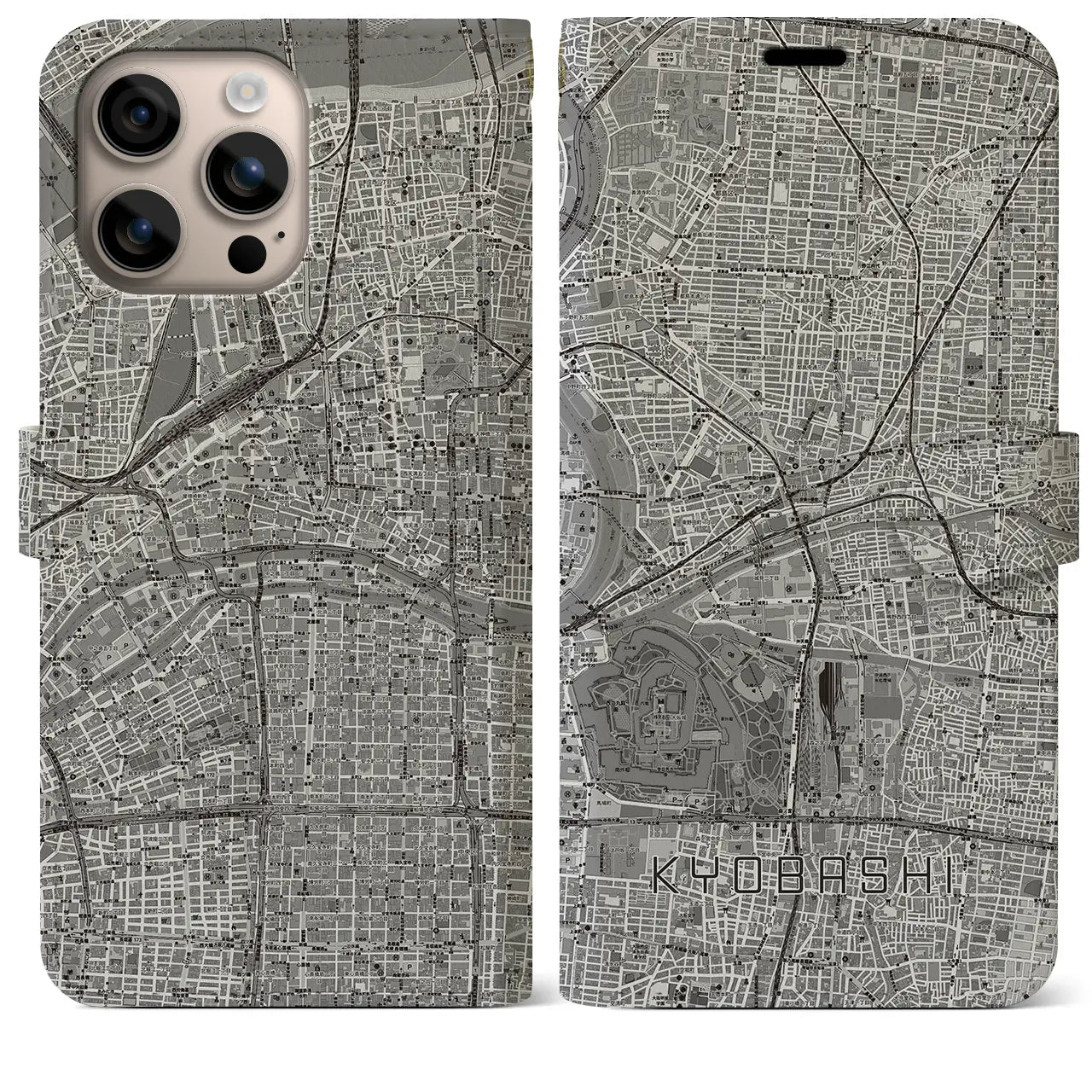 【京橋(大阪府)】地図柄iPhoneケース(手帳タイプ)モノトーン・iPhone 16 Plus 用