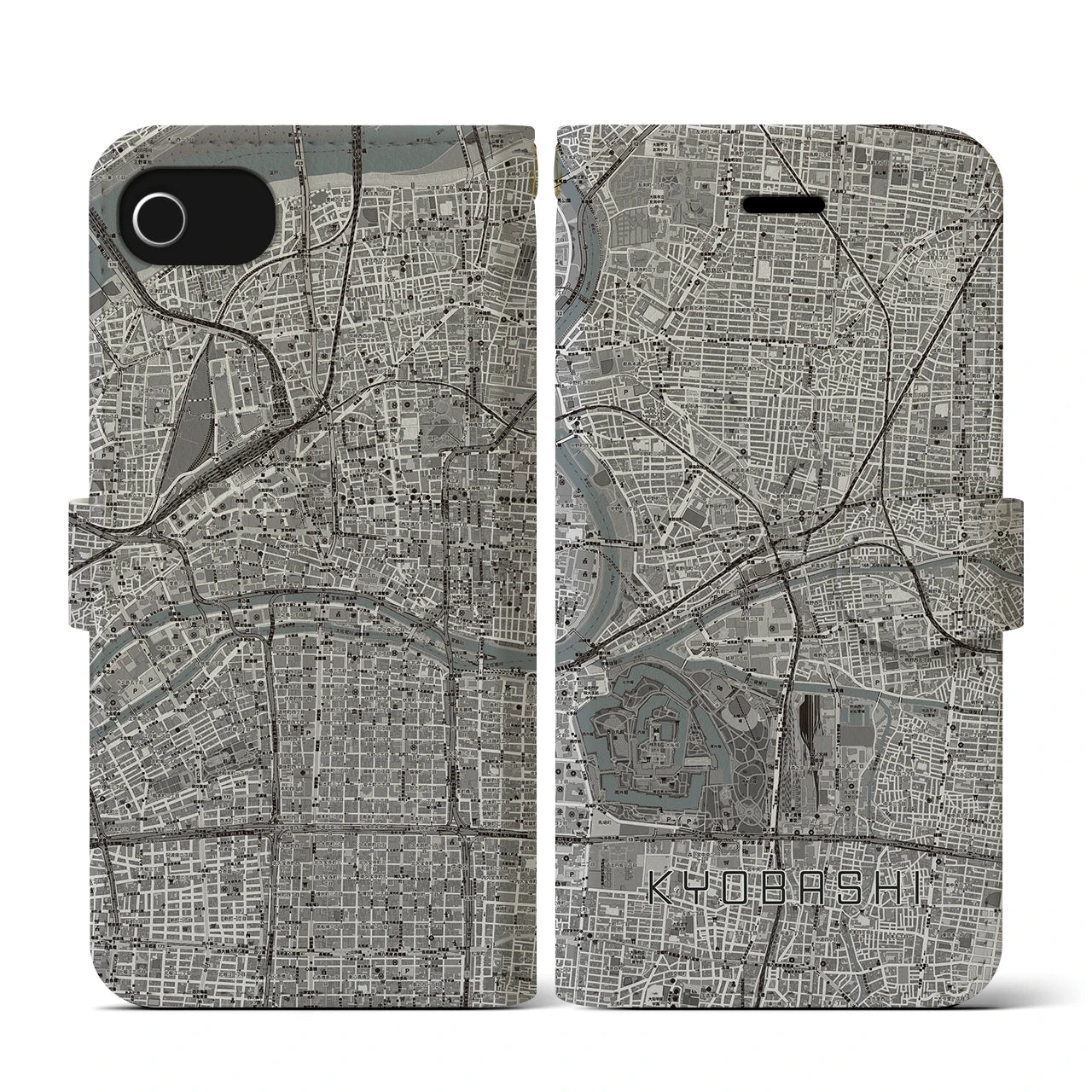 【京橋(大阪府)】地図柄iPhoneケース(手帳タイプ)モノトーン・iPhone SE(第3 / 第2世代) / 8 / 7 / 6s / 6 用