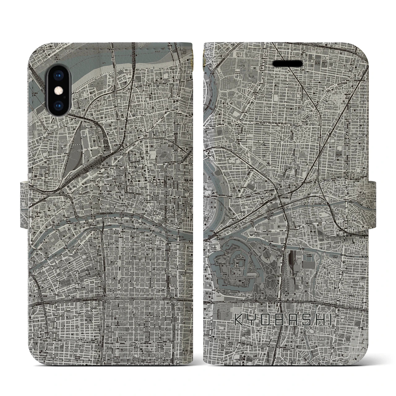 【京橋(大阪府)】地図柄iPhoneケース(手帳タイプ)モノトーン・iPhone XS / X 用