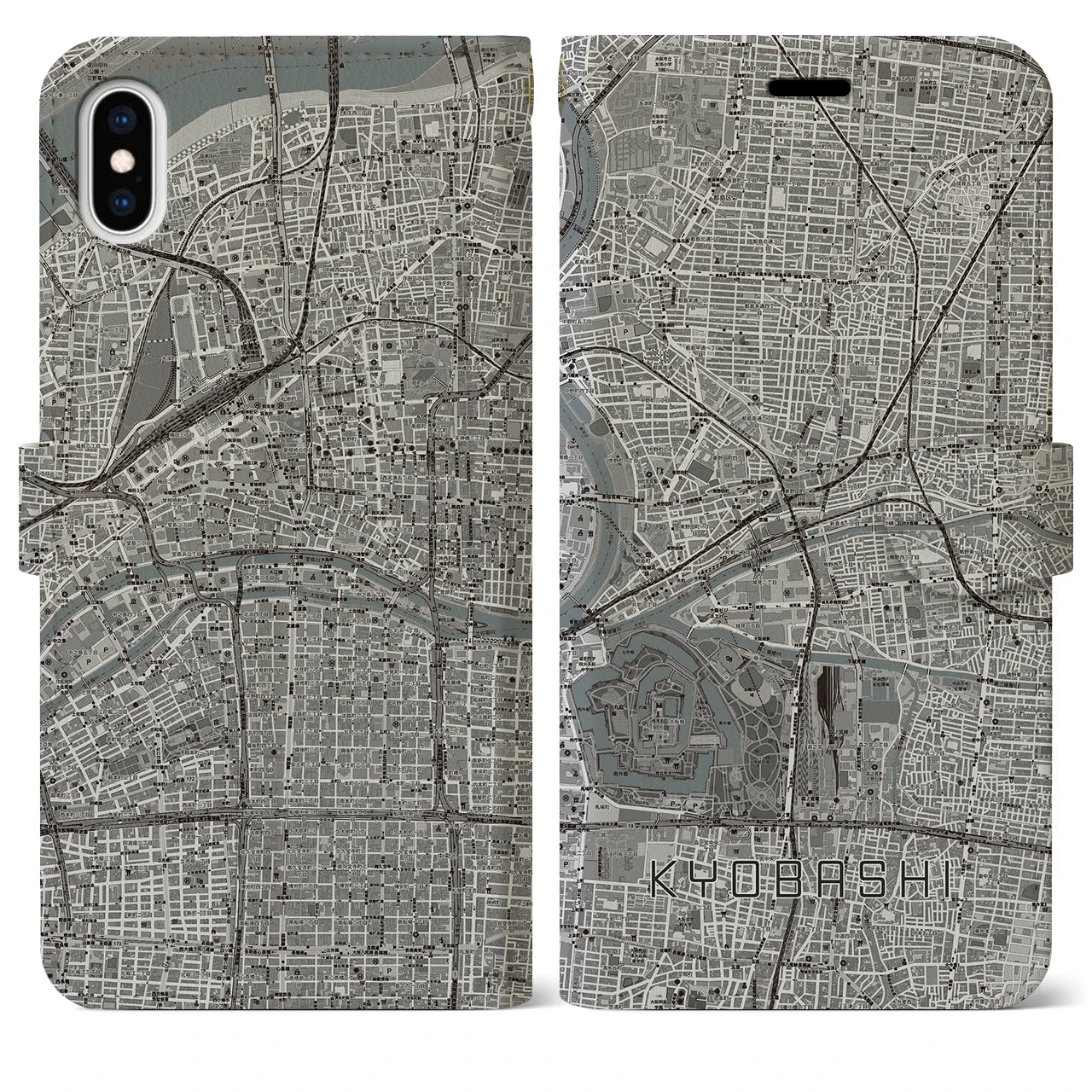 【京橋(大阪府)】地図柄iPhoneケース(手帳タイプ)モノトーン・iPhone XS Max 用