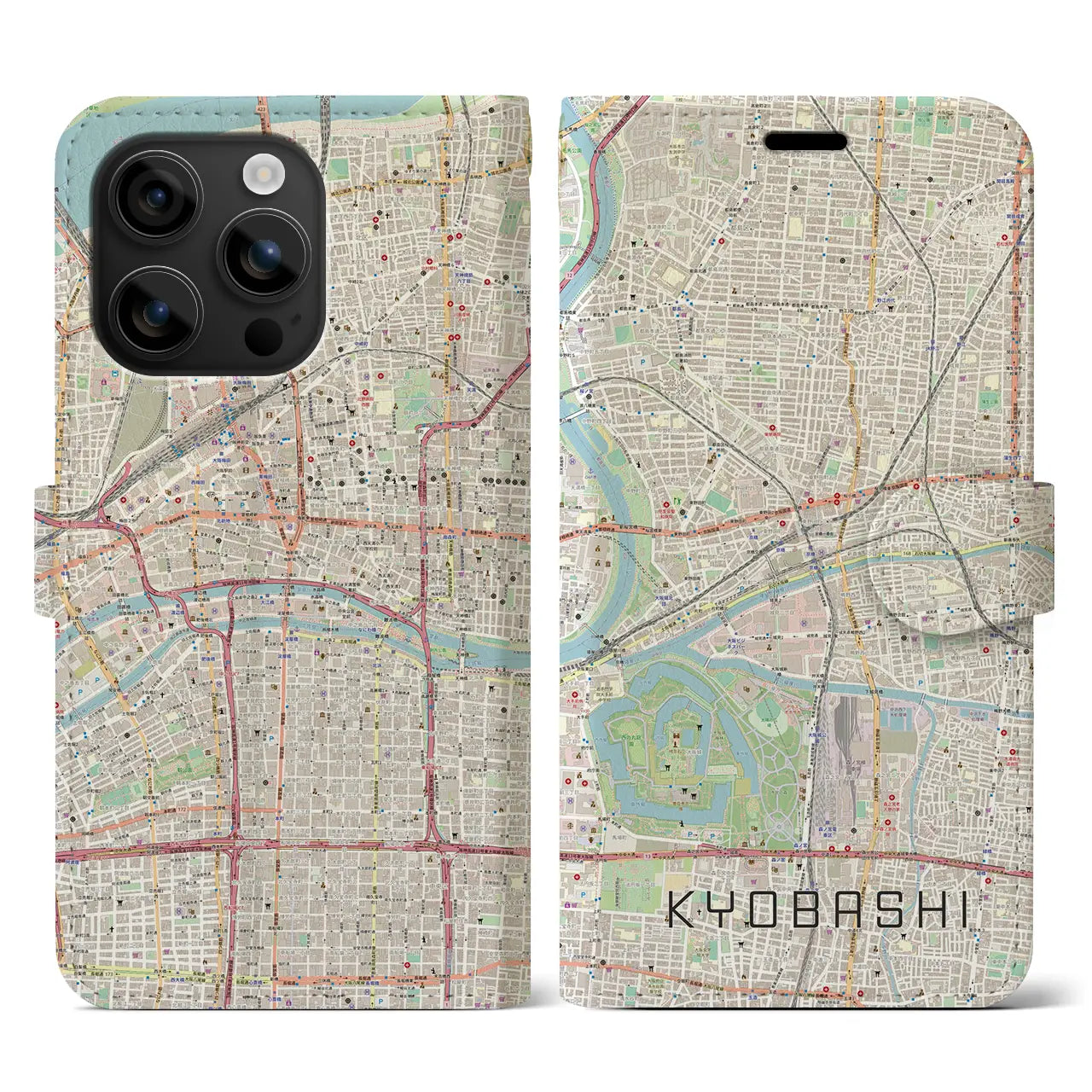 【京橋(大阪府)】地図柄iPhoneケース(手帳タイプ)ナチュラル・iPhone 16 用