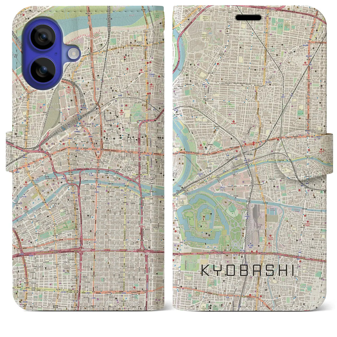 【京橋(大阪府)】地図柄iPhoneケース(手帳タイプ)ナチュラル・iPhone 16 Pro Max 用