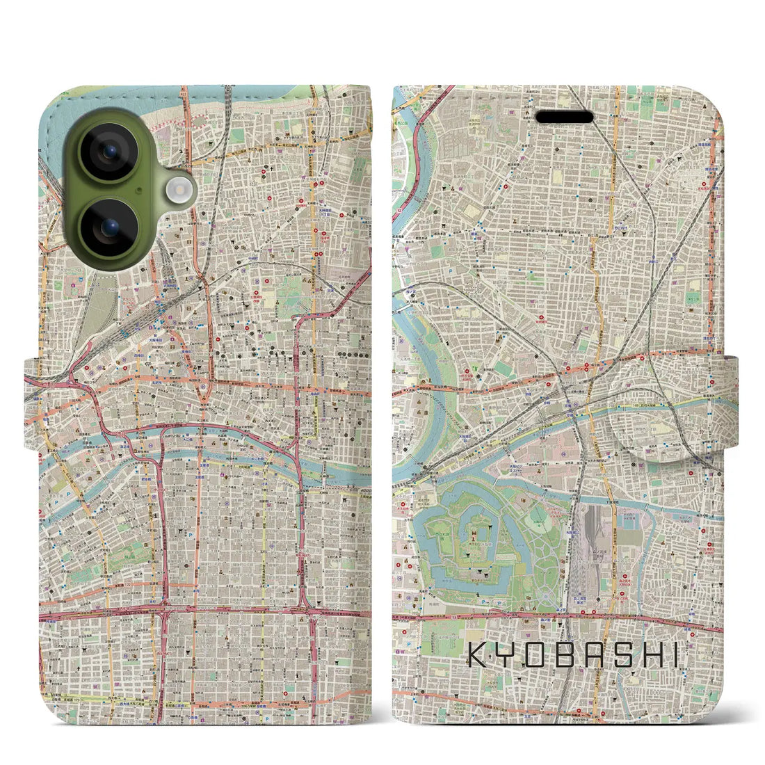 【京橋(大阪府)】地図柄iPhoneケース(手帳タイプ)ナチュラル・iPhone 17 Pro Max 用