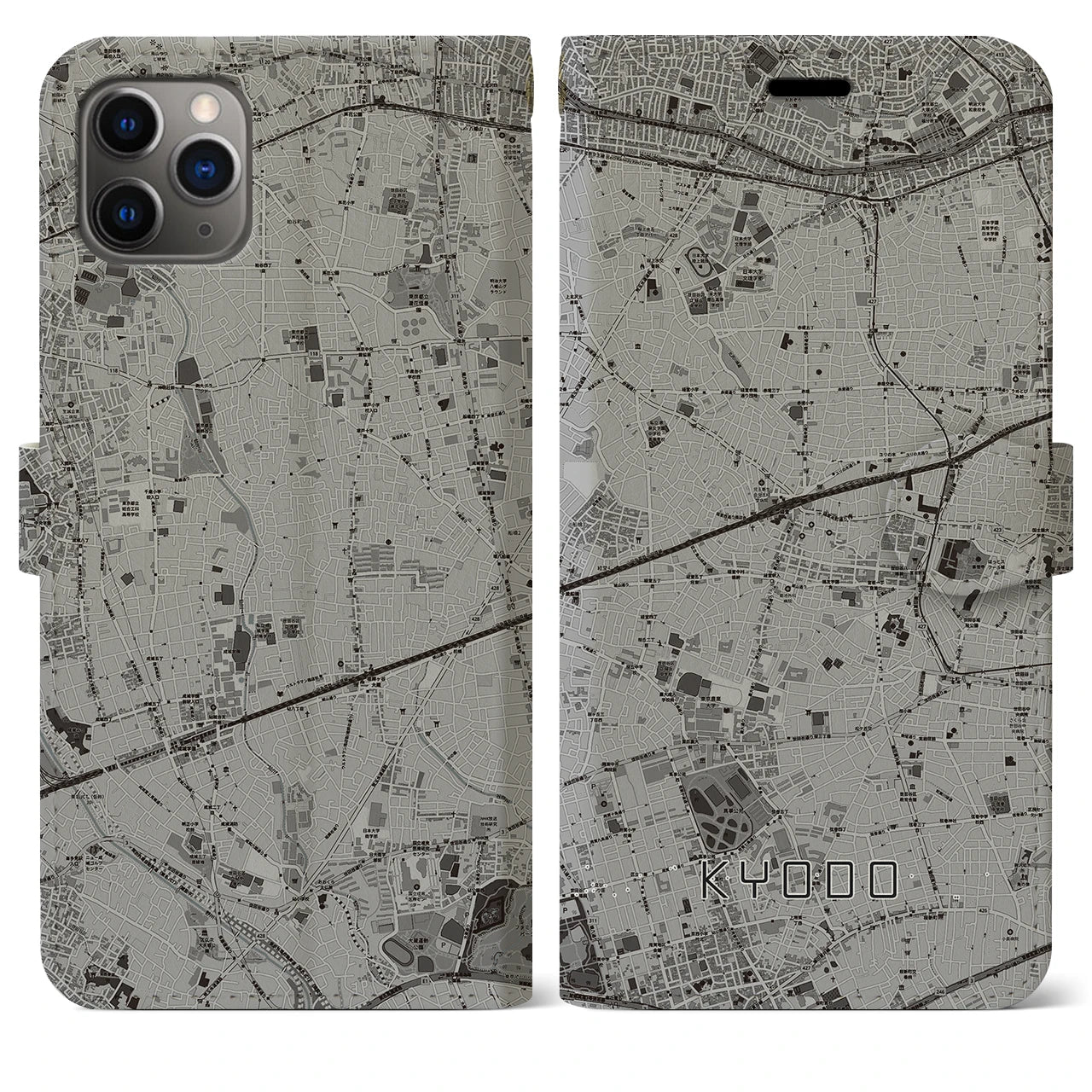 【経堂(東京都)】地図柄iPhoneケース(手帳タイプ)モノトーン・iPhone 11 Pro Max 用