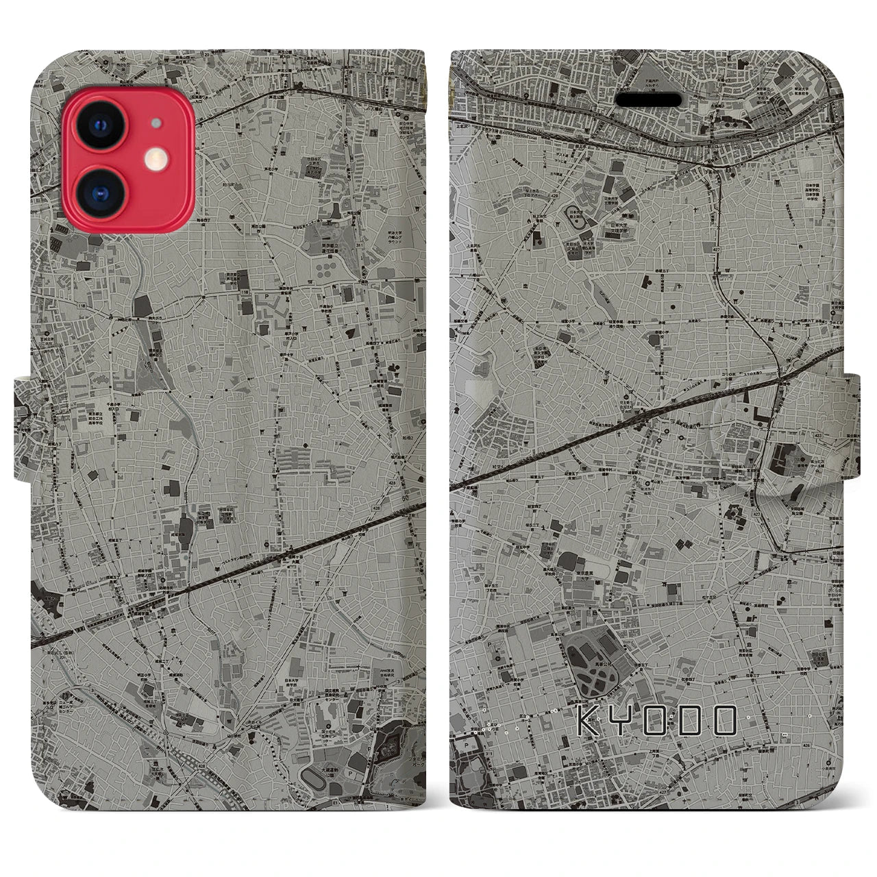 【経堂(東京都)】地図柄iPhoneケース(手帳タイプ)モノトーン・iPhone 11 用