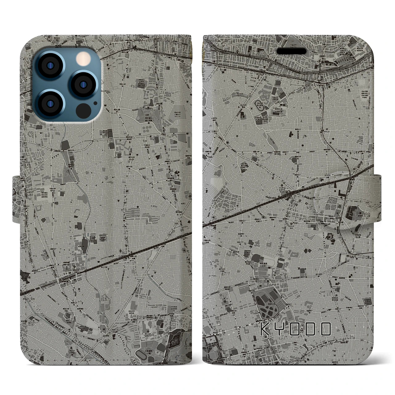 【経堂(東京都)】地図柄iPhoneケース(手帳タイプ)モノトーン・iPhone 12 / 12 Pro 用
