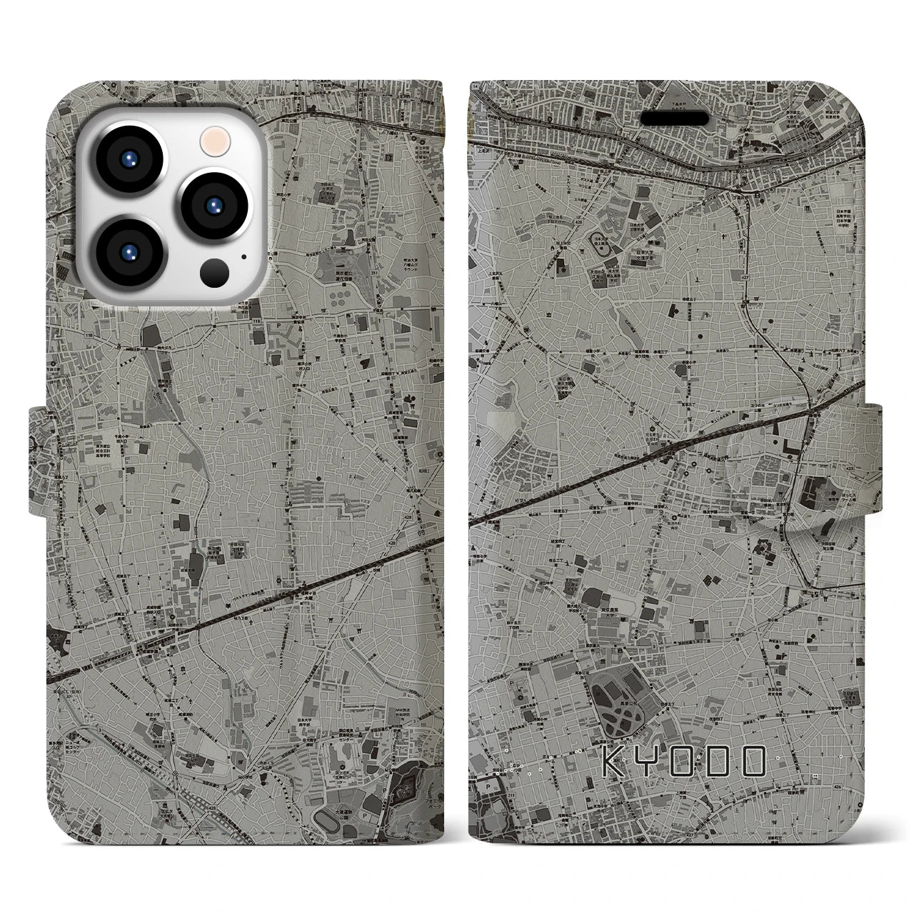 【経堂(東京都)】地図柄iPhoneケース(手帳タイプ)モノトーン・iPhone 13 Pro 用