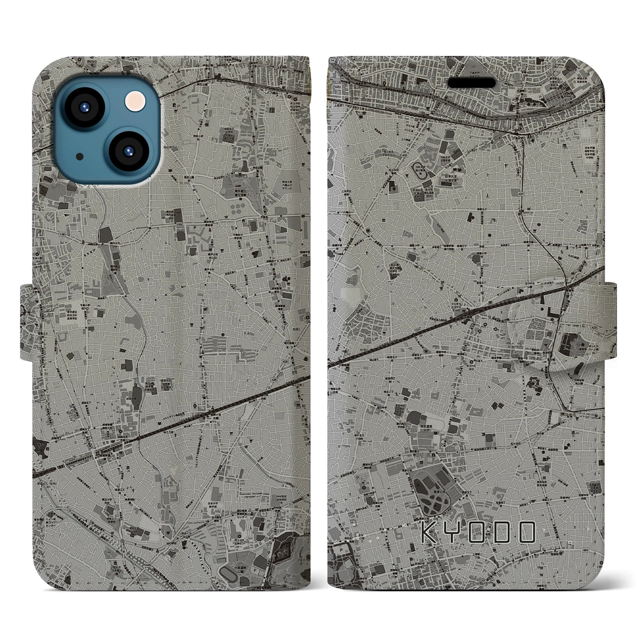 【経堂(東京都)】地図柄iPhoneケース(手帳タイプ)モノトーン・iPhone 13 用