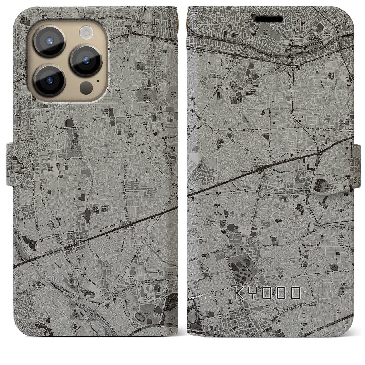 【経堂(東京都)】地図柄iPhoneケース(手帳タイプ)モノトーン・iPhone 14 Pro Max 用