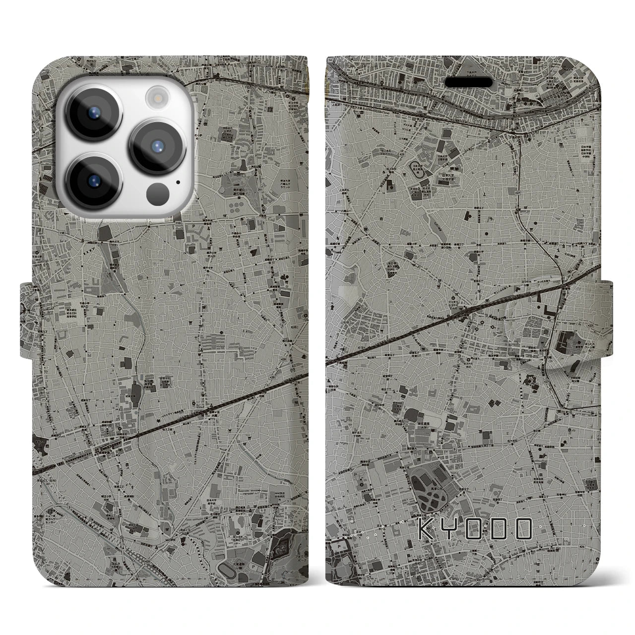 【経堂(東京都)】地図柄iPhoneケース(手帳タイプ)モノトーン・iPhone 14 Pro 用