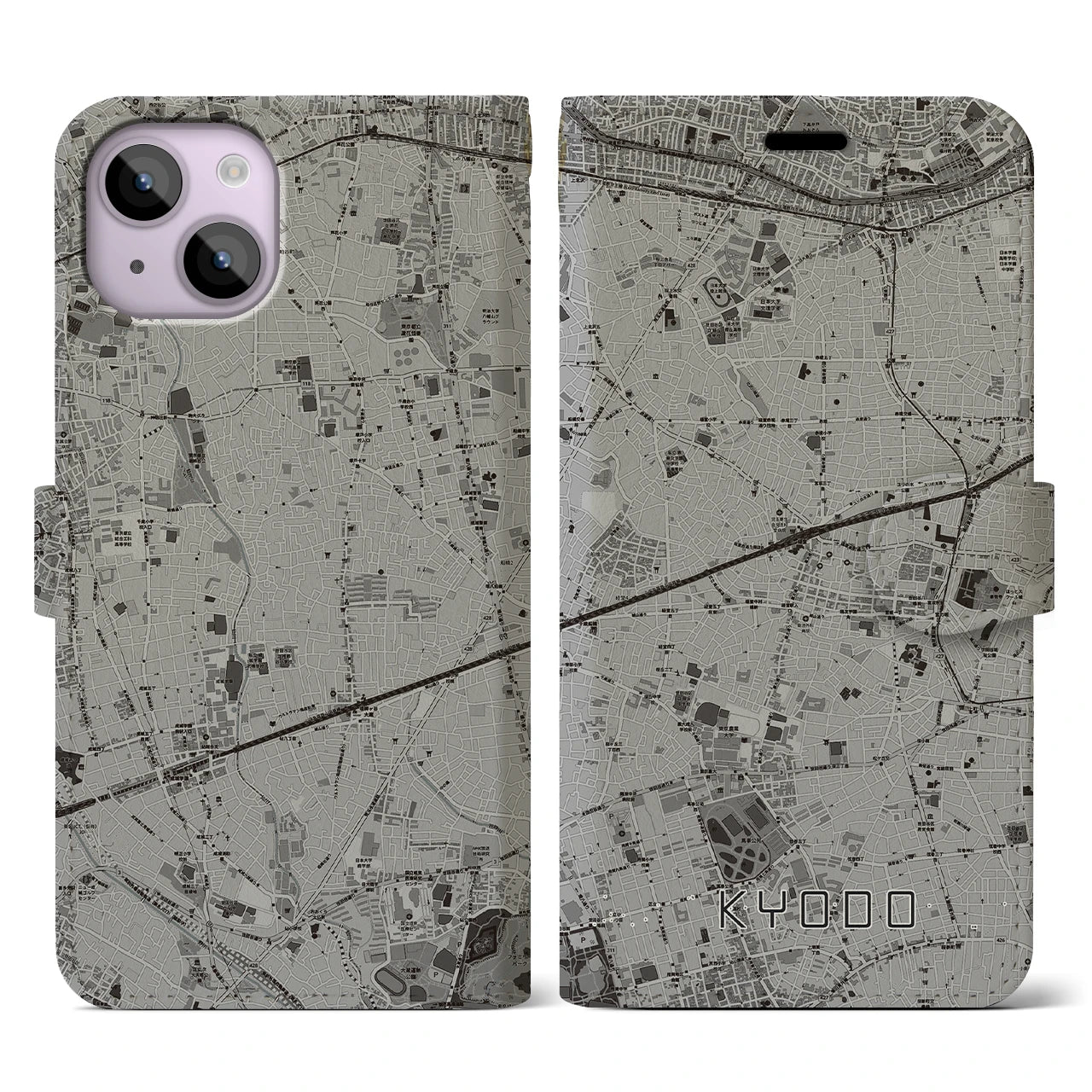 【経堂(東京都)】地図柄iPhoneケース(手帳タイプ)モノトーン・iPhone 14 用