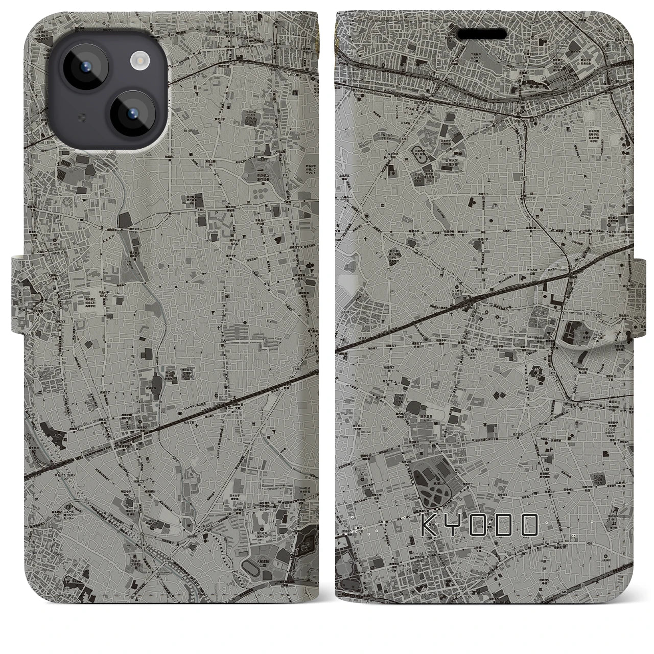 【経堂(東京都)】地図柄iPhoneケース(手帳タイプ)モノトーン・iPhone 14 Plus 用