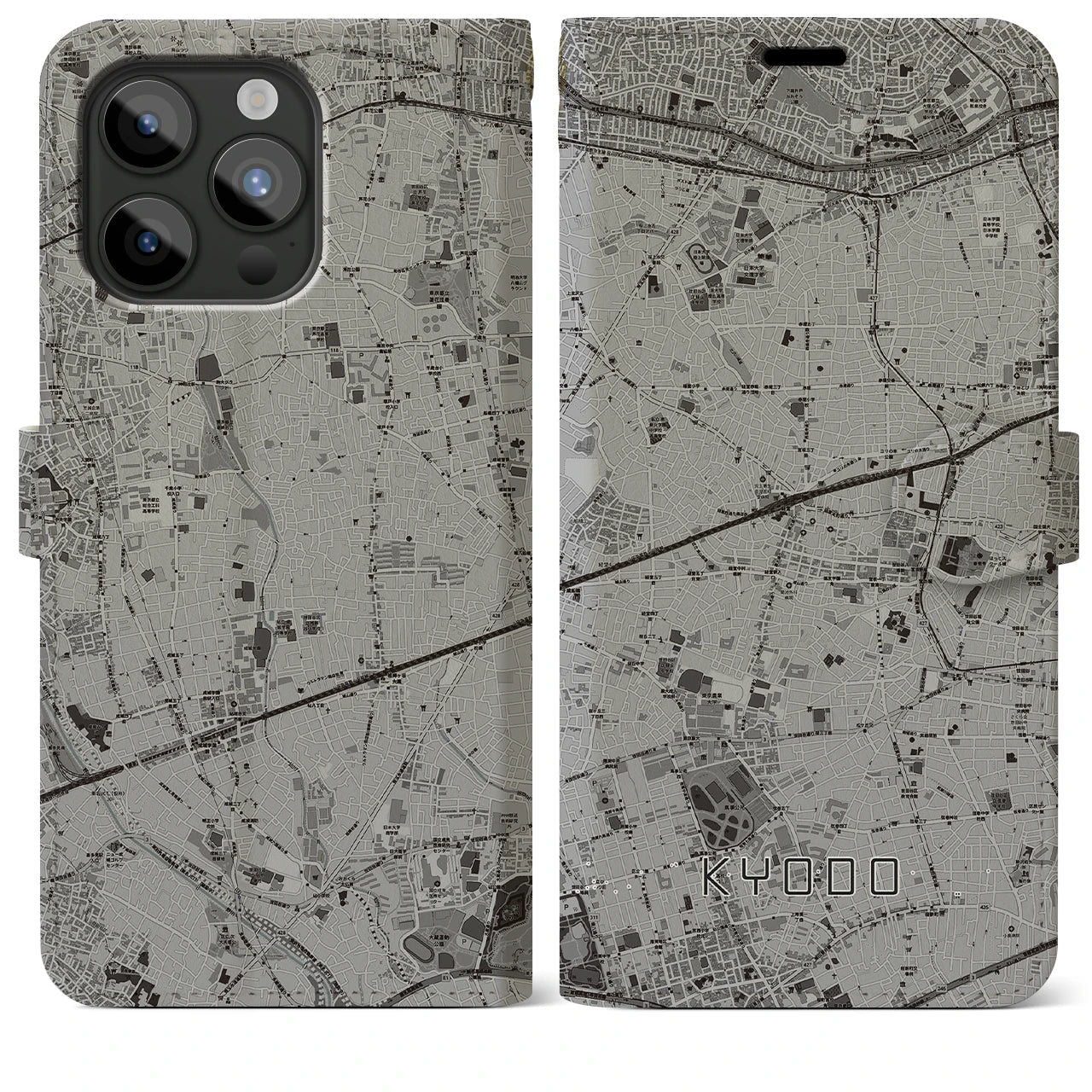 【経堂(東京都)】地図柄iPhoneケース(手帳タイプ)モノトーン・iPhone 15 Pro Max 用