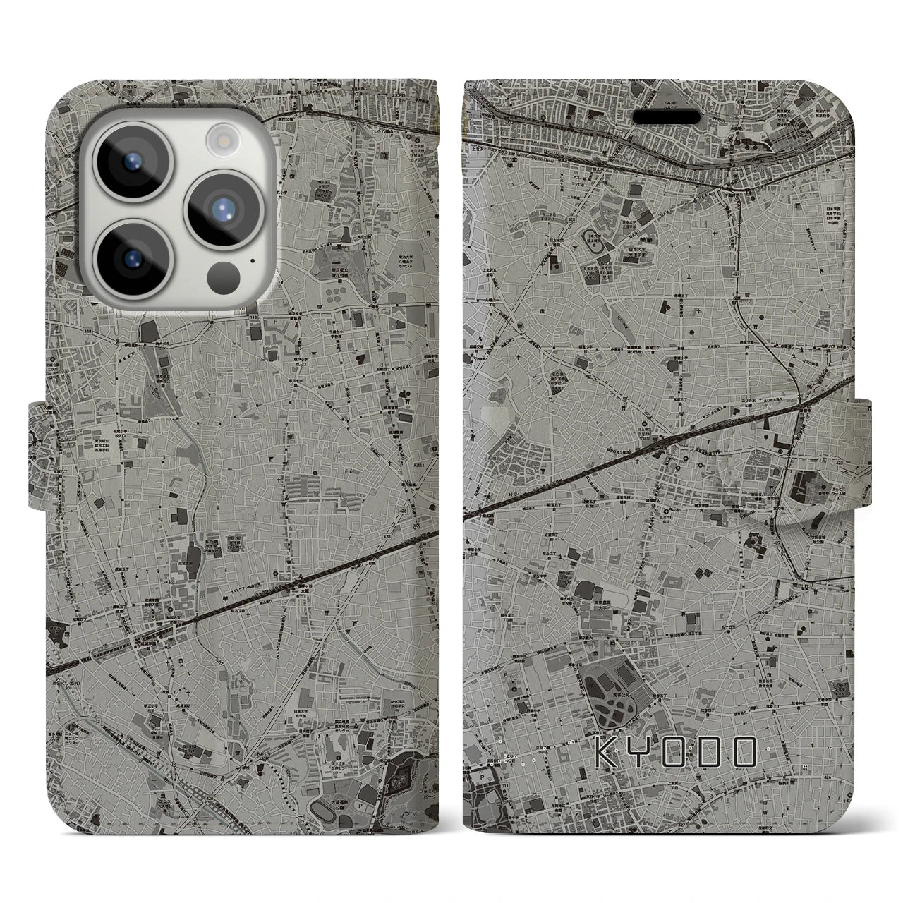 【経堂(東京都)】地図柄iPhoneケース(手帳タイプ)モノトーン・iPhone 15 Pro 用