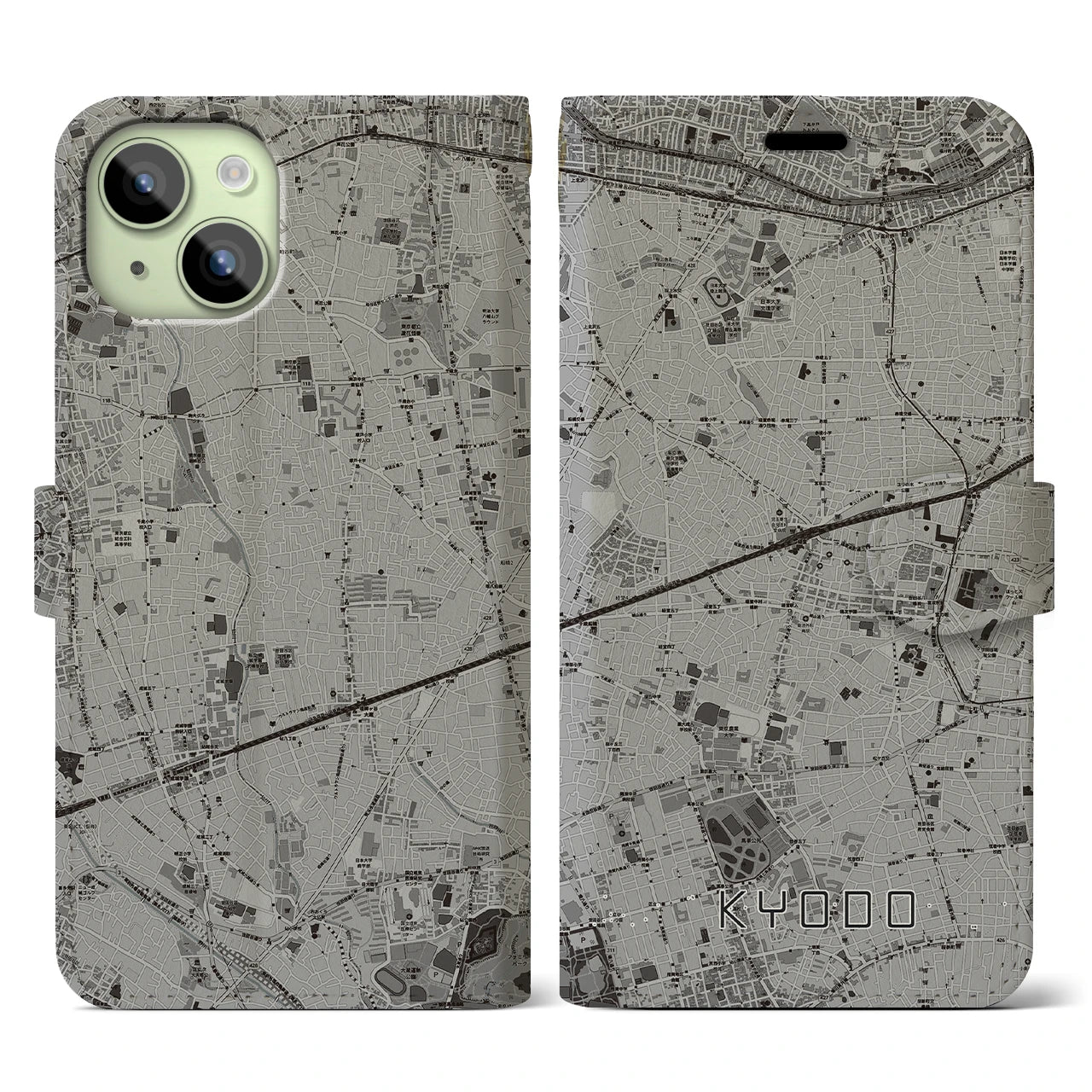 【経堂(東京都)】地図柄iPhoneケース(手帳タイプ)モノトーン・iPhone 15 用
