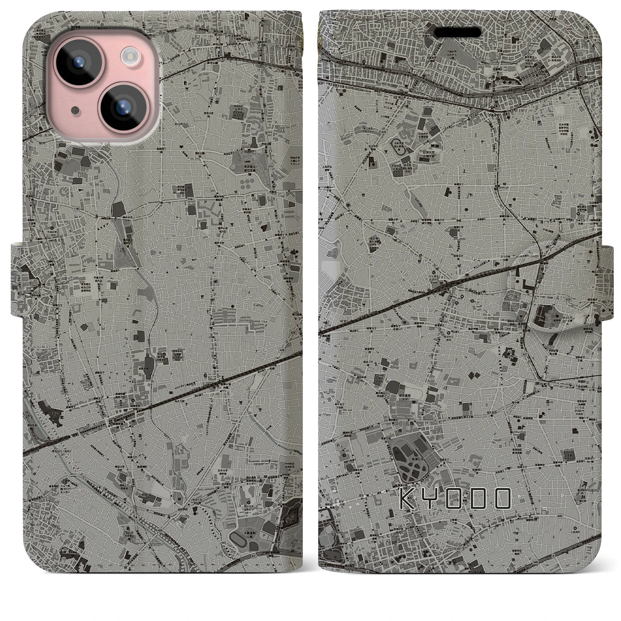 【経堂(東京都)】地図柄iPhoneケース(手帳タイプ)モノトーン・iPhone 15 Plus 用