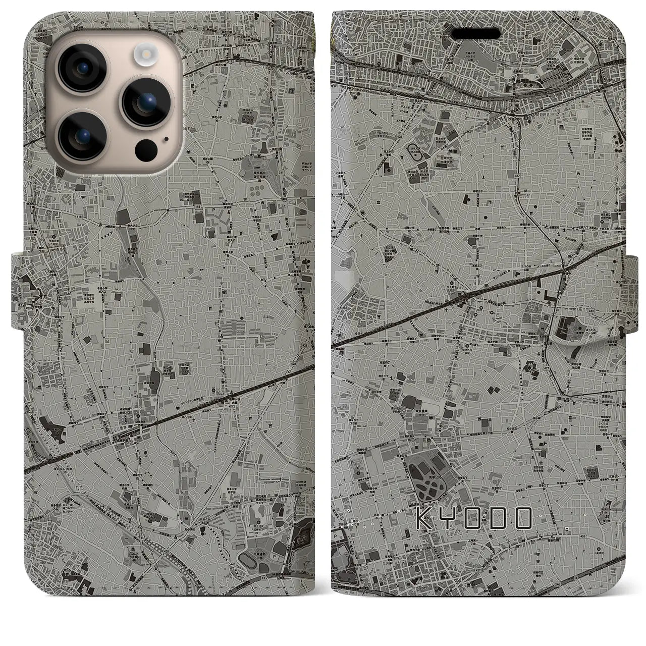 【経堂(東京都)】地図柄iPhoneケース(手帳タイプ)モノトーン・iPhone 16 Plus 用