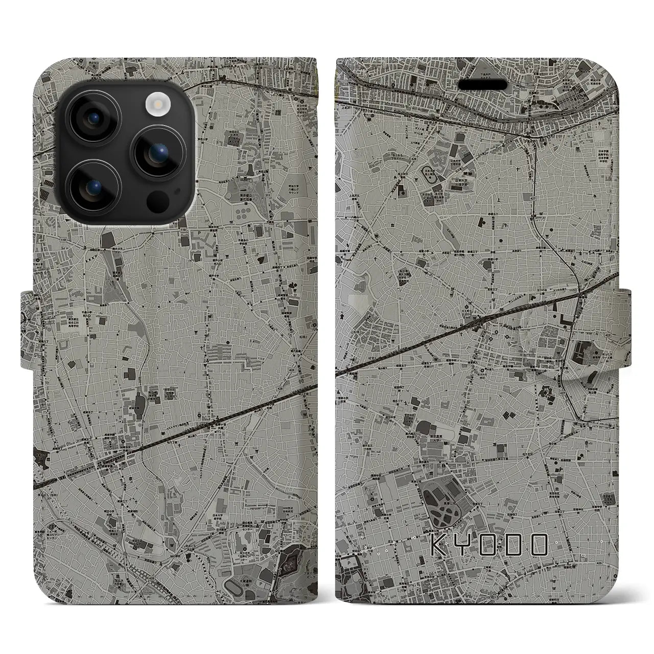【経堂(東京都)】地図柄iPhoneケース(手帳タイプ)モノトーン・iPhone 16 用