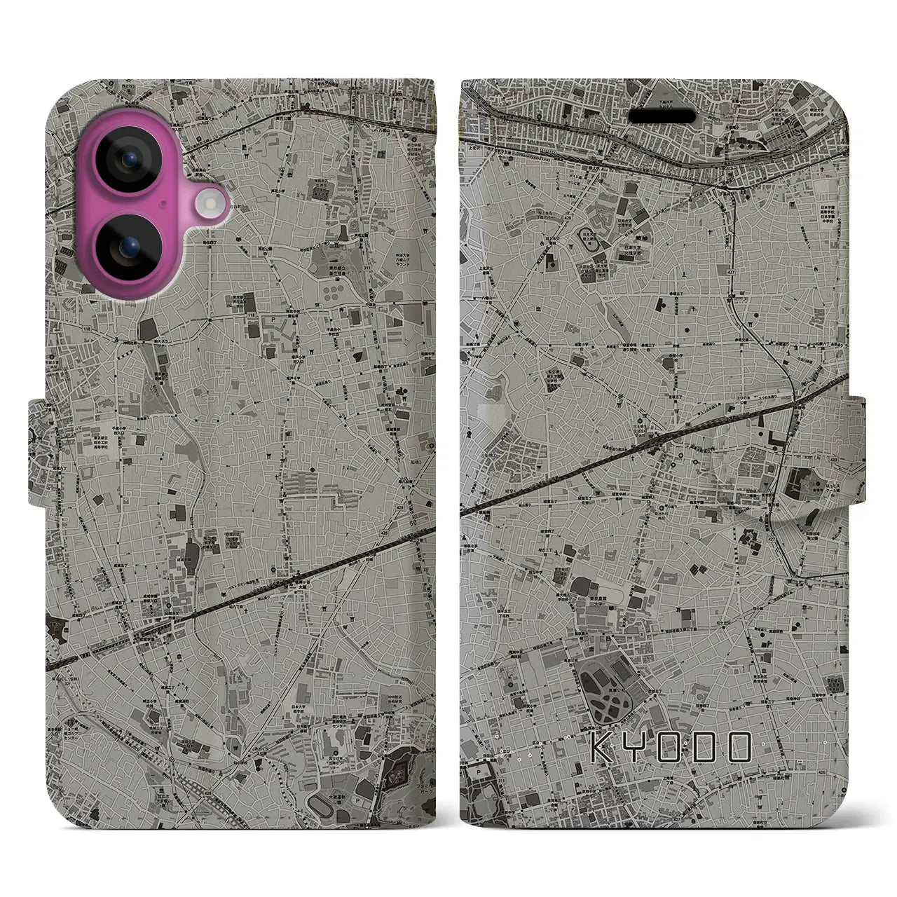 【経堂(東京都)】地図柄iPhoneケース(手帳タイプ)モノトーン・iPhone 16 Pro 用