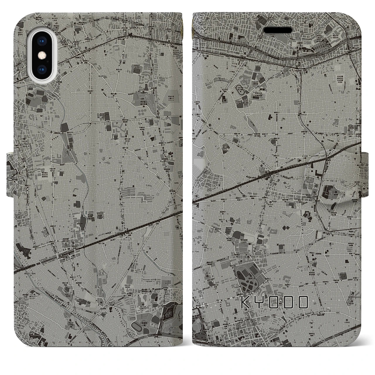 【経堂(東京都)】地図柄iPhoneケース(手帳タイプ)モノトーン・iPhone XS Max 用