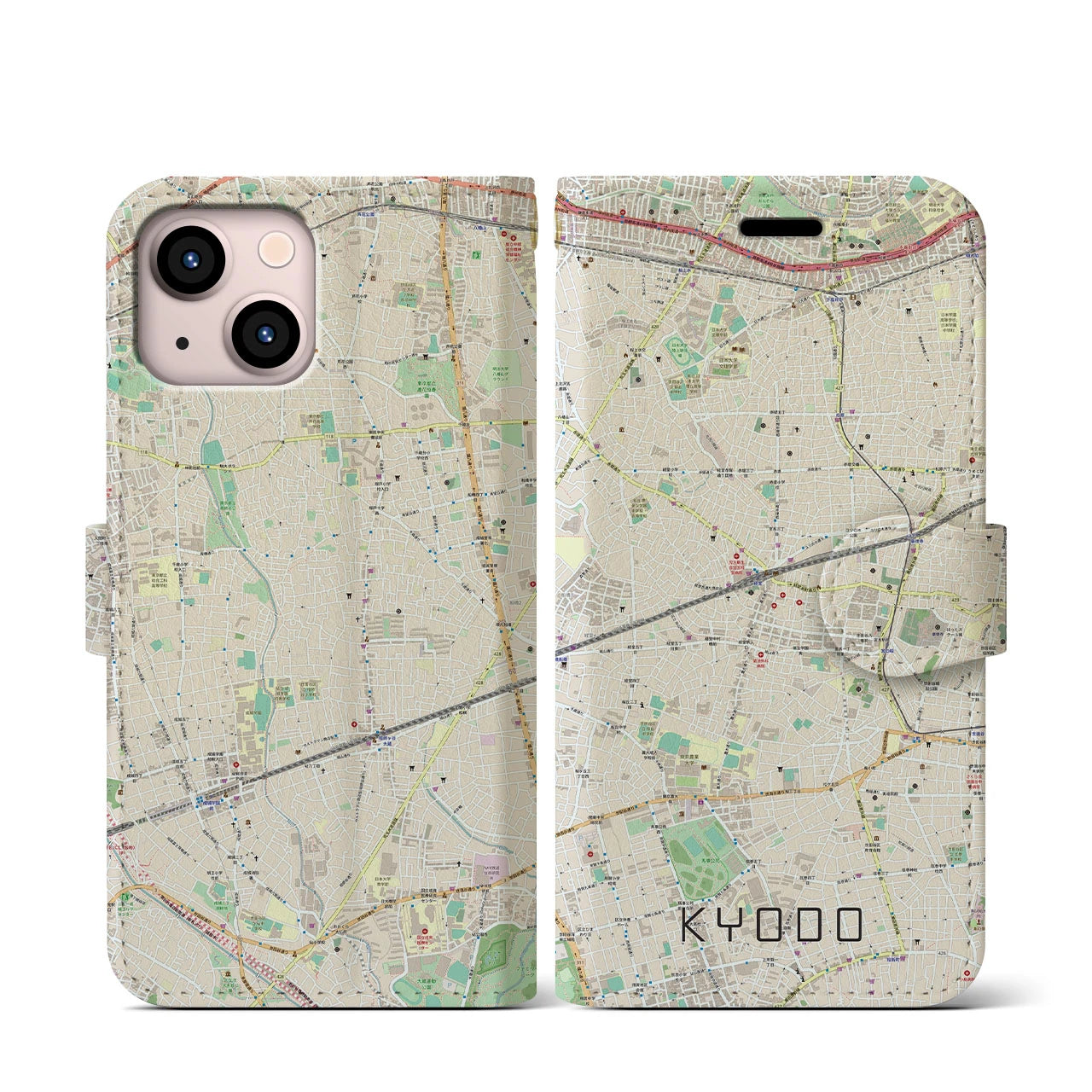 【経堂(東京都)】地図柄iPhoneケース(手帳タイプ)ナチュラル・iPhone 13 mini 用