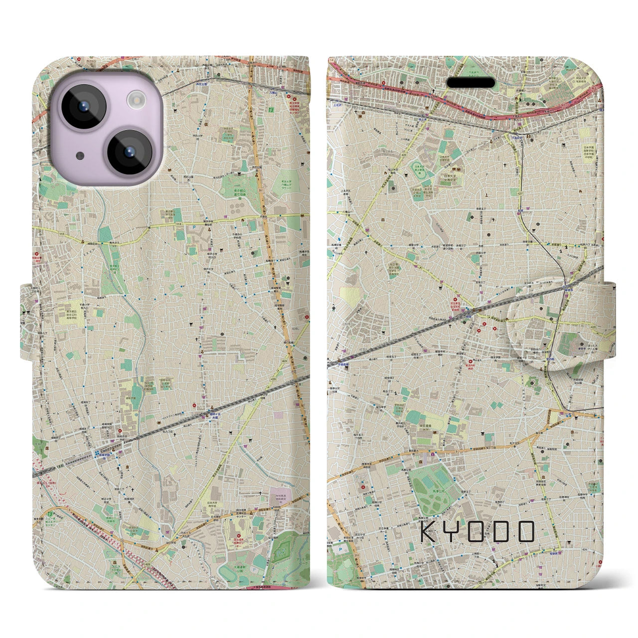 【経堂(東京都)】地図柄iPhoneケース(手帳タイプ)ナチュラル・iPhone 14 用