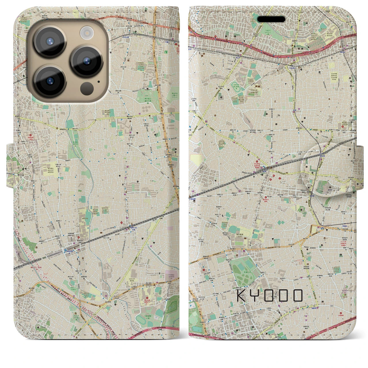 【経堂(東京都)】地図柄iPhoneケース(手帳タイプ)ナチュラル・iPhone 14 Pro Max 用