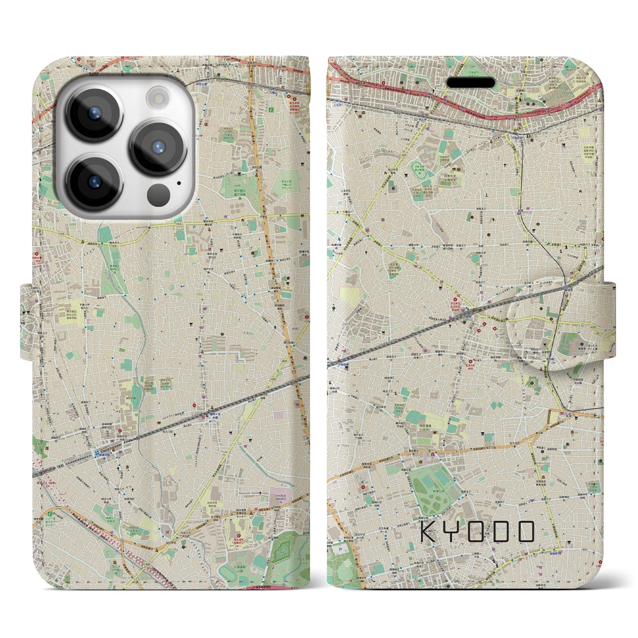 【経堂(東京都)】地図柄iPhoneケース(手帳タイプ)ナチュラル・iPhone 14 Pro 用