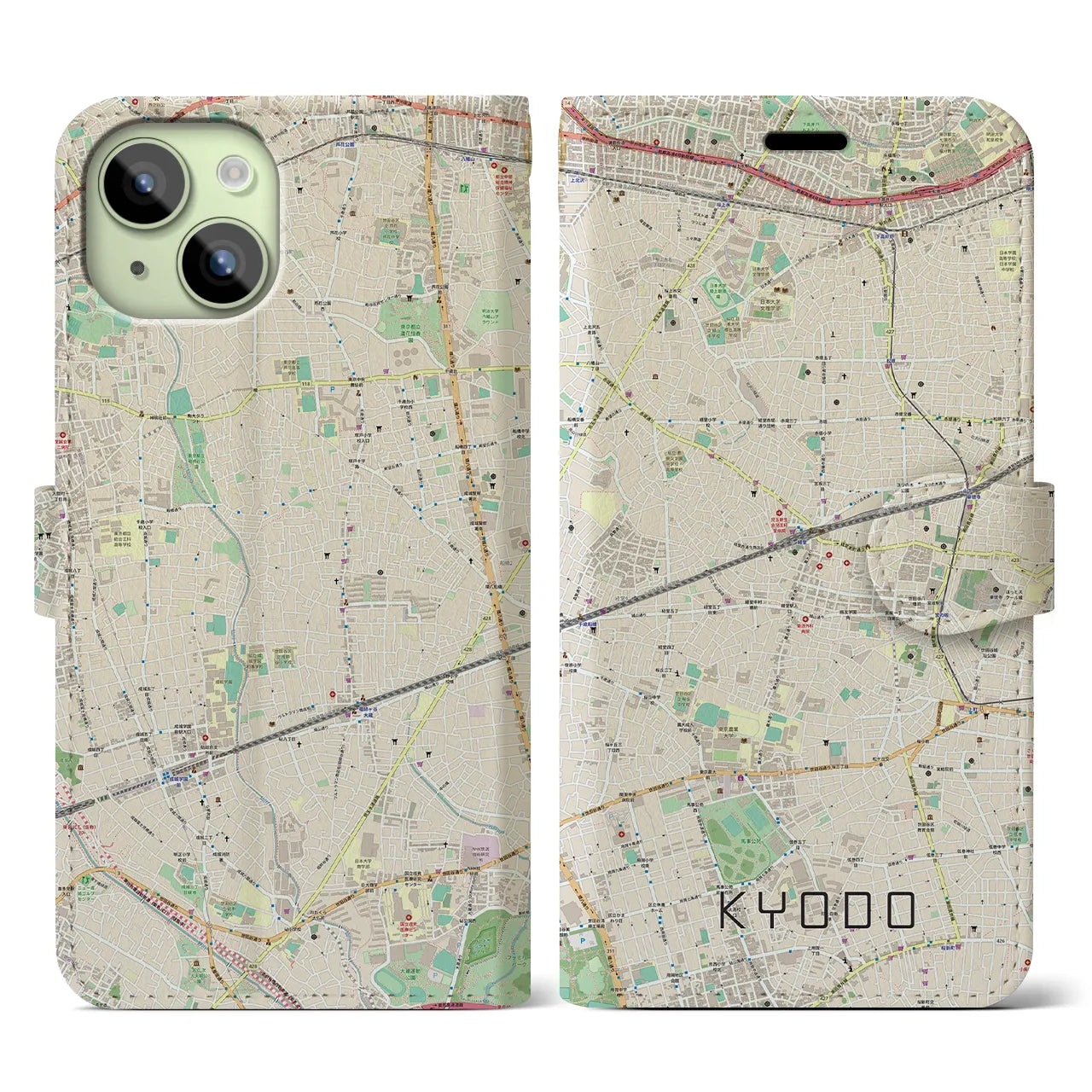 【経堂(東京都)】地図柄iPhoneケース(手帳タイプ)ナチュラル・iPhone 15 用
