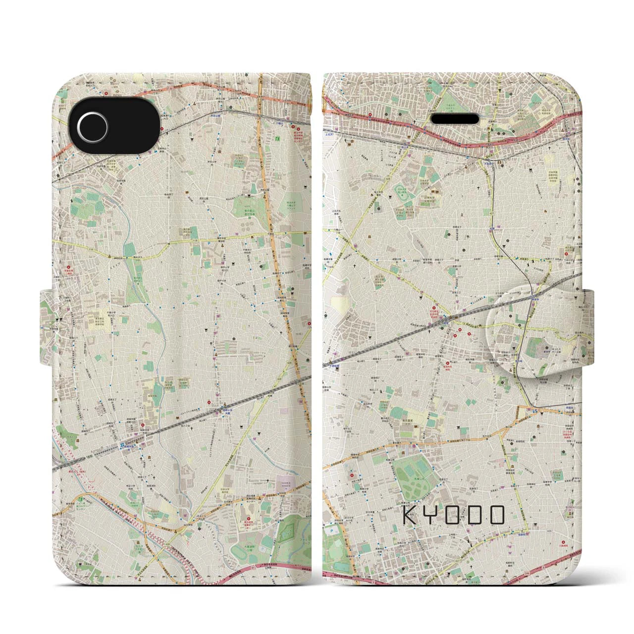 【経堂(東京都)】地図柄iPhoneケース(手帳タイプ)ナチュラル・iPhone SE(第3 / 第2世代) / 8 / 7 / 6s / 6 用