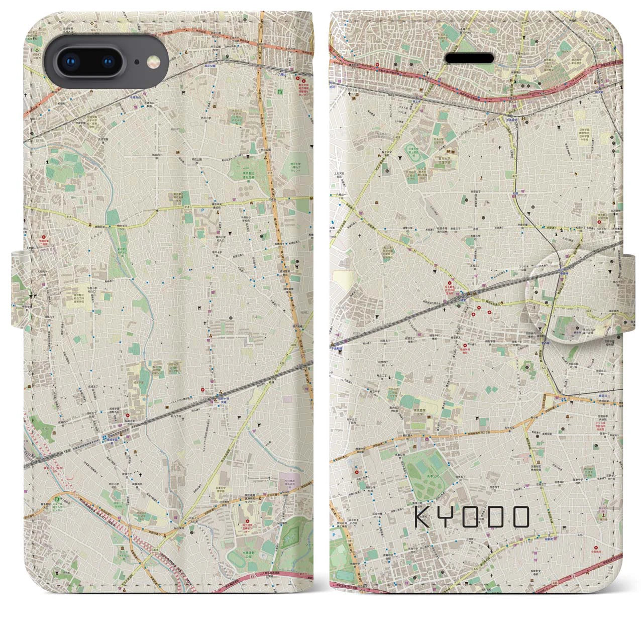 【経堂(東京都)】地図柄iPhoneケース(手帳タイプ)ナチュラル・iPhone 8Plus /7Plus / 6sPlus / 6Plus 用