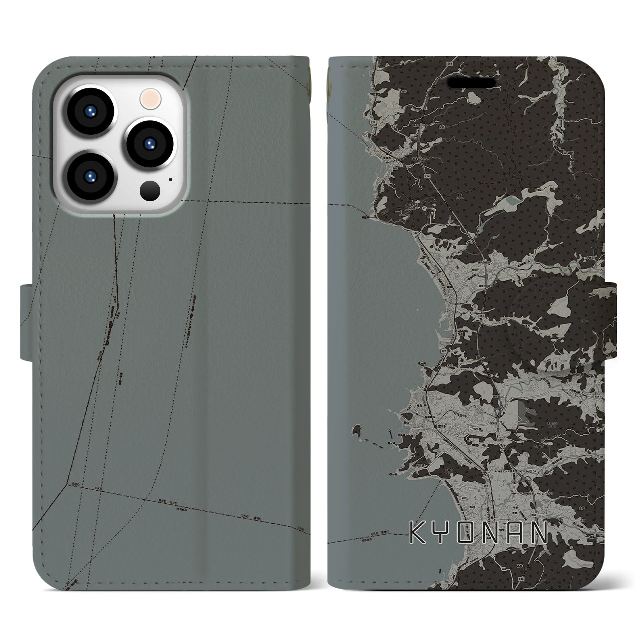 【鋸南(千葉県)】地図柄iPhoneケース(手帳タイプ)モノトーン・iPhone 13 Pro 用