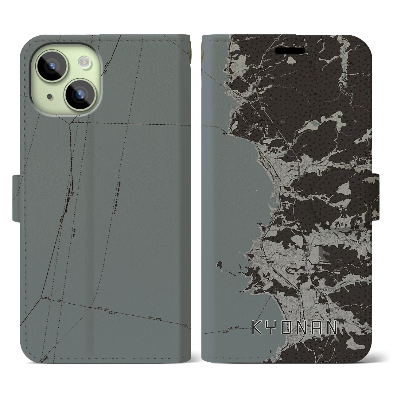 【鋸南(千葉県)】地図柄iPhoneケース(手帳タイプ)モノトーン・iPhone 15 用