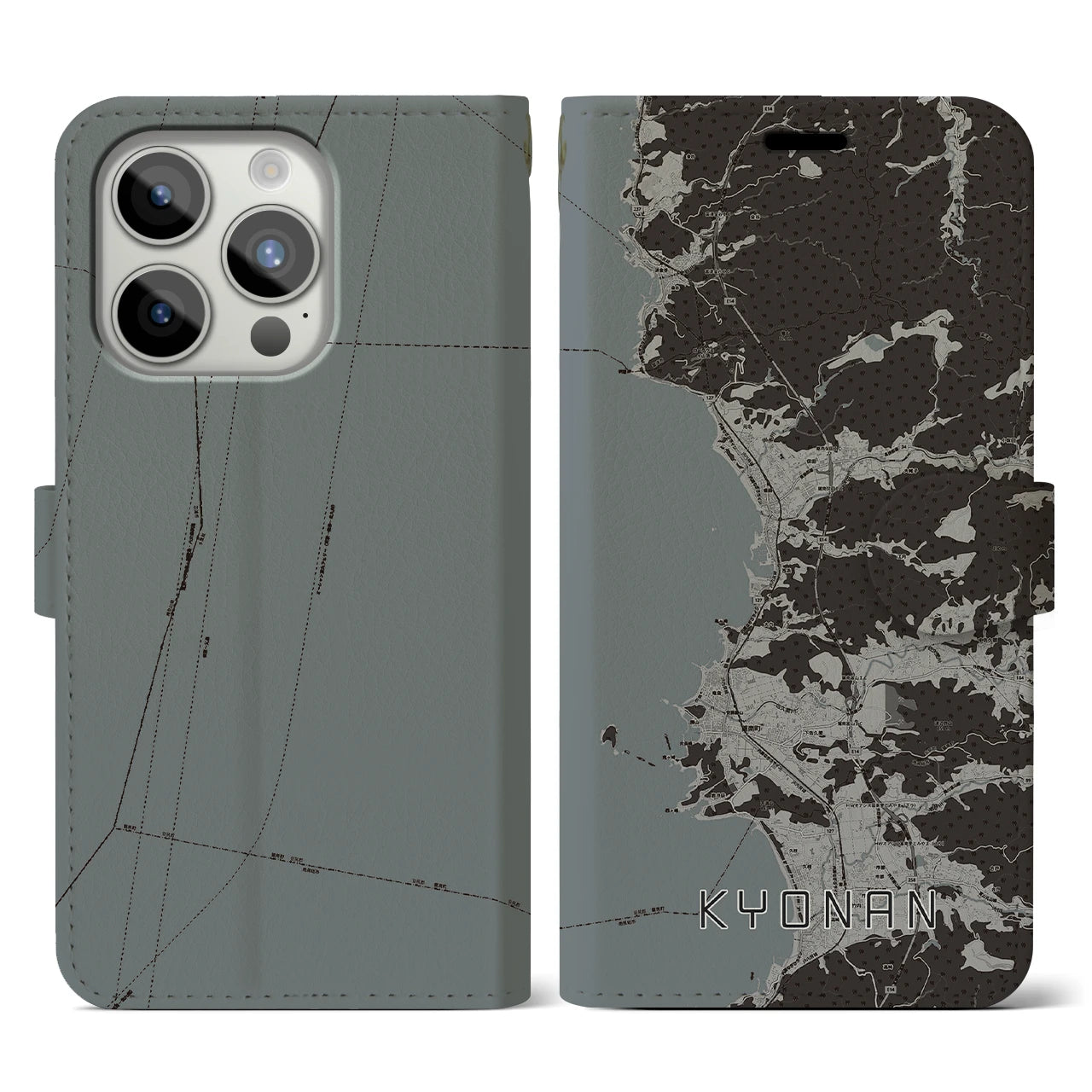 【鋸南(千葉県)】地図柄iPhoneケース(手帳タイプ)モノトーン・iPhone 15 Pro 用