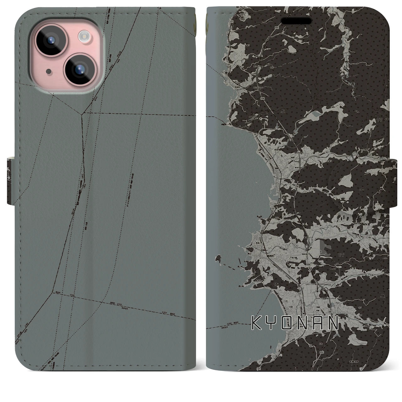 【鋸南(千葉県)】地図柄iPhoneケース(手帳タイプ)モノトーン・iPhone 15 Plus 用