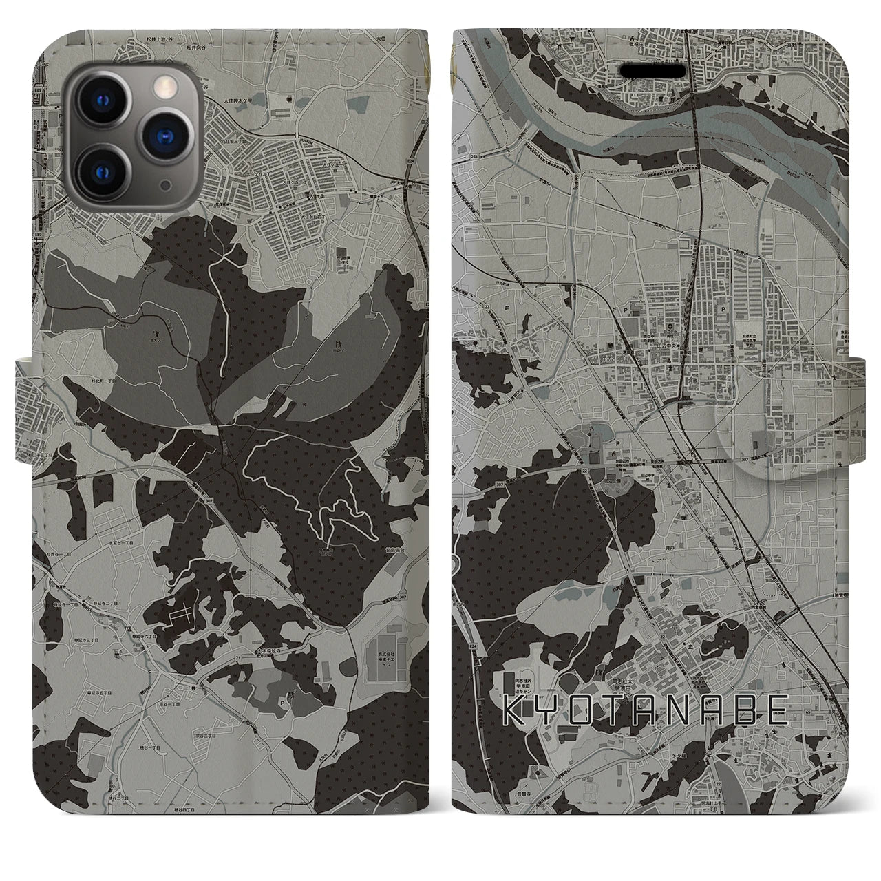 【京田辺(京都府)】地図柄iPhoneケース(手帳タイプ)モノトーン・iPhone 11 Pro Max 用