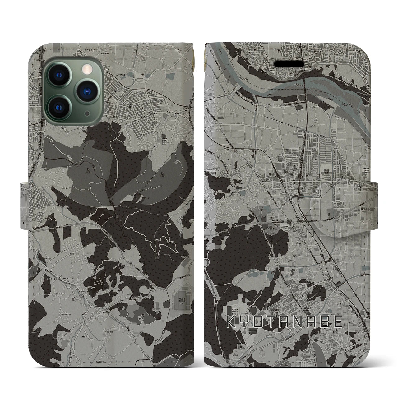 【京田辺(京都府)】地図柄iPhoneケース(手帳タイプ)モノトーン・iPhone 11 Pro 用