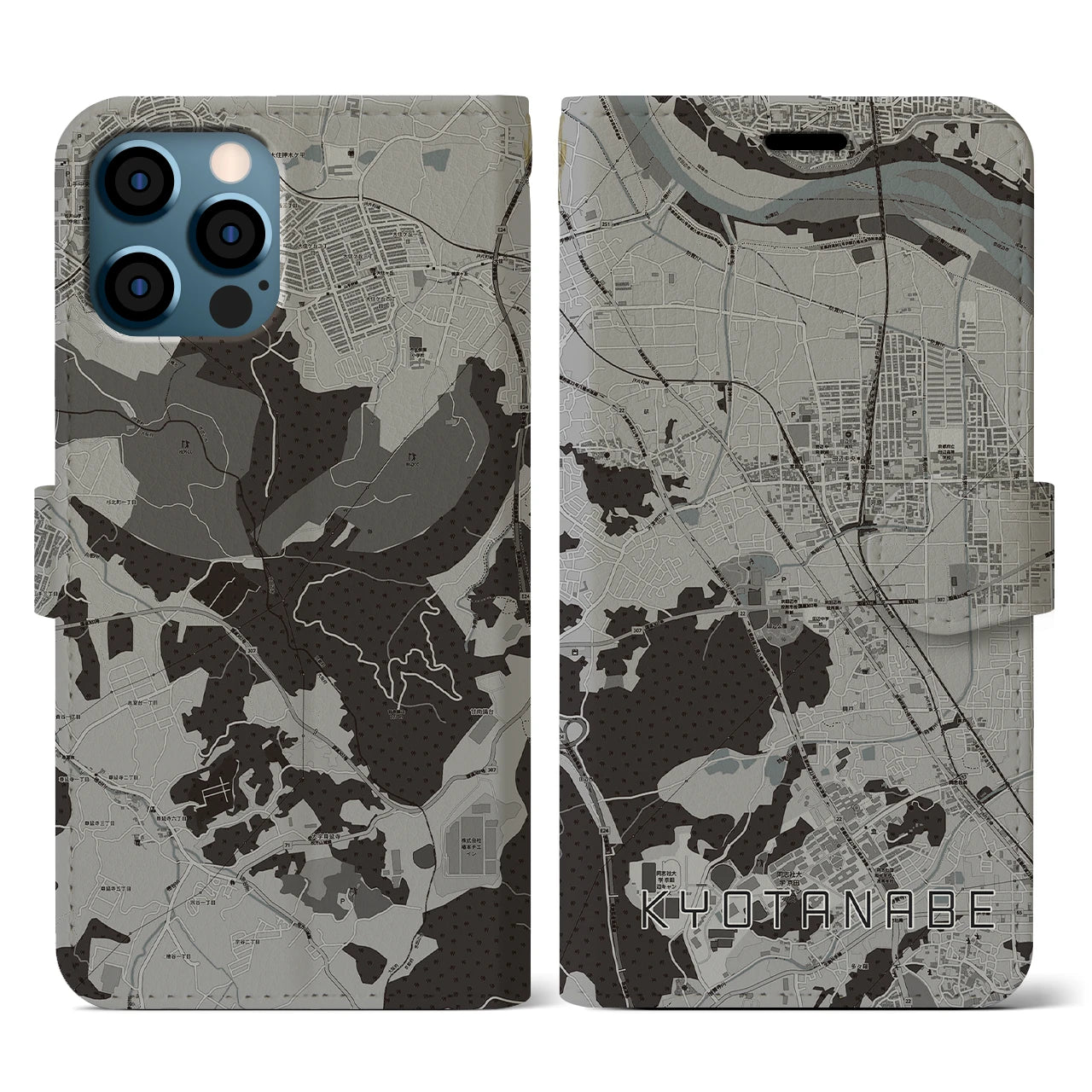 【京田辺(京都府)】地図柄iPhoneケース(手帳タイプ)モノトーン・iPhone 12 / 12 Pro 用