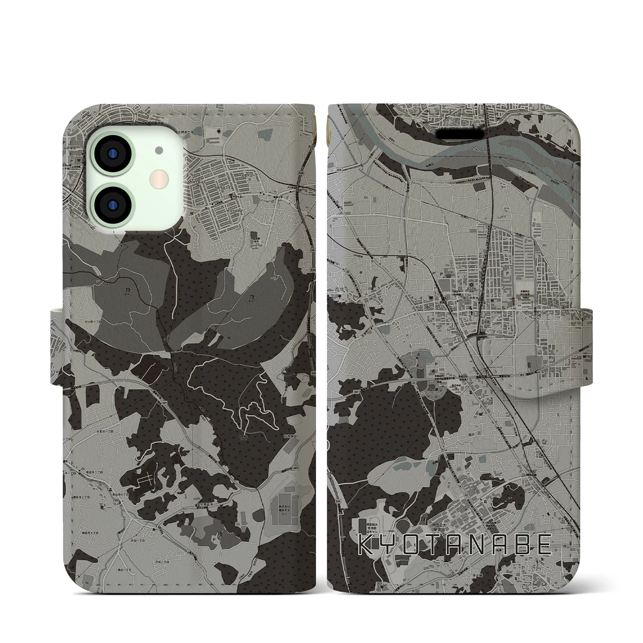 【京田辺(京都府)】地図柄iPhoneケース(手帳タイプ)モノトーン・iPhone 12 mini 用