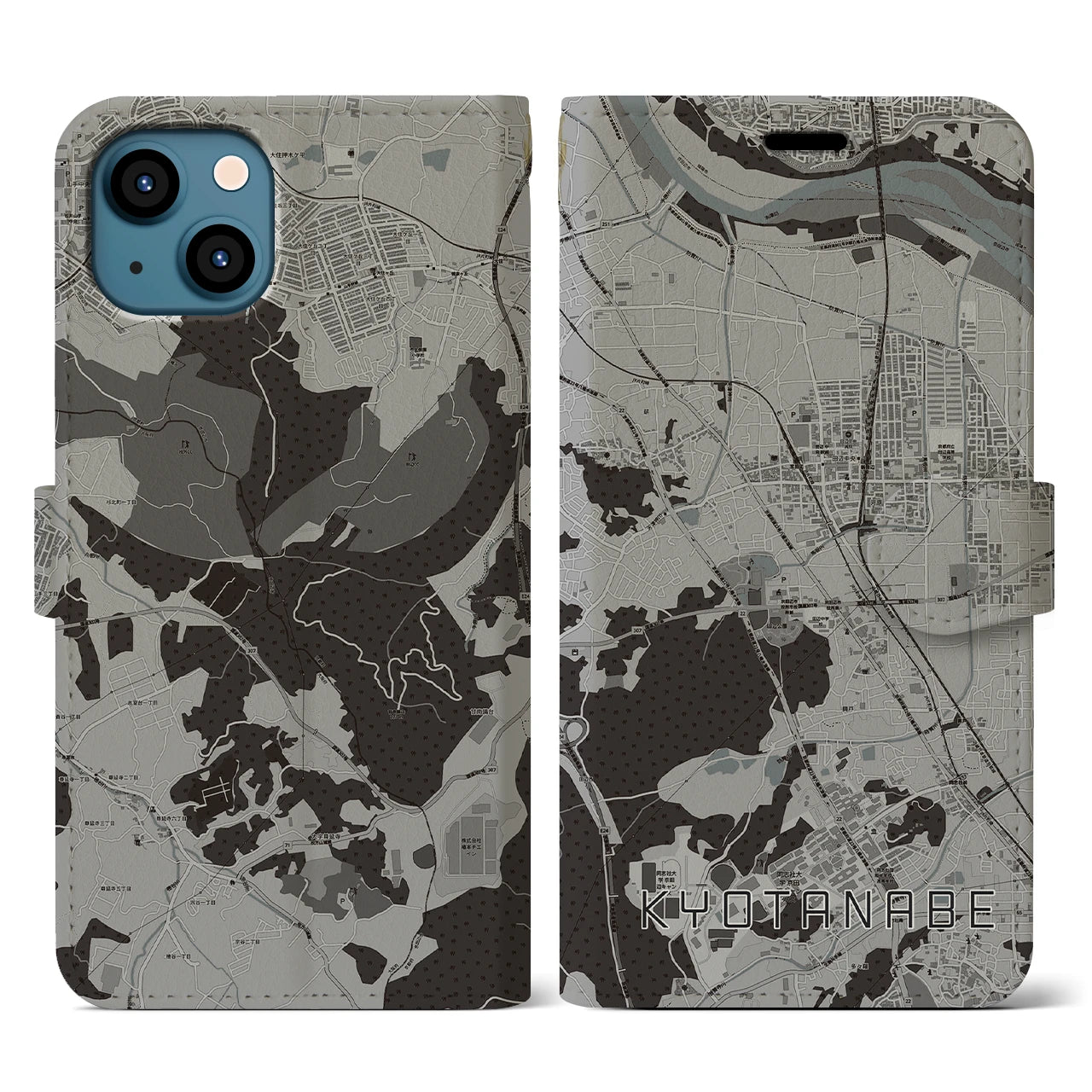 【京田辺(京都府)】地図柄iPhoneケース(手帳タイプ)モノトーン・iPhone 13 用