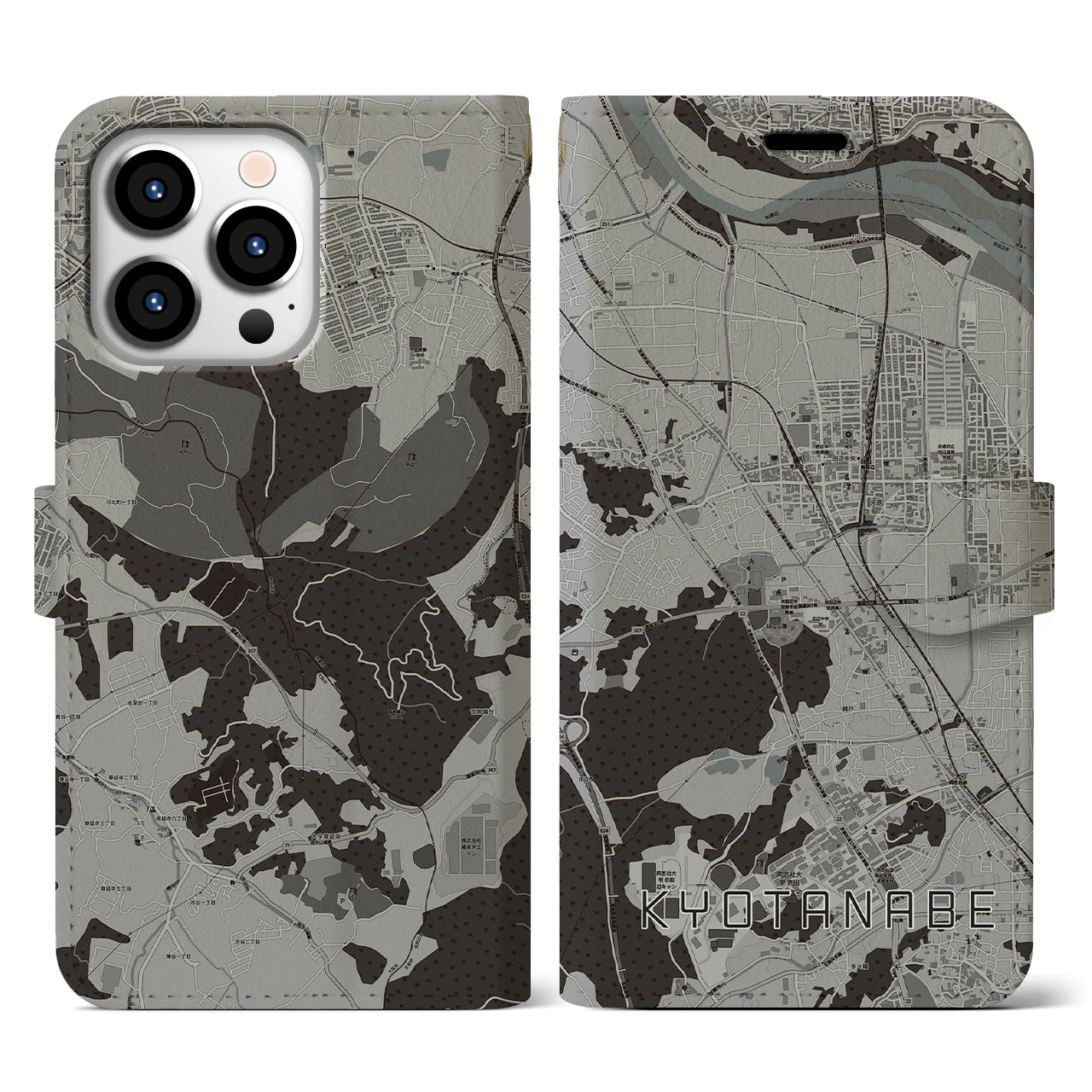 【京田辺(京都府)】地図柄iPhoneケース(手帳タイプ)モノトーン・iPhone 13 Pro 用