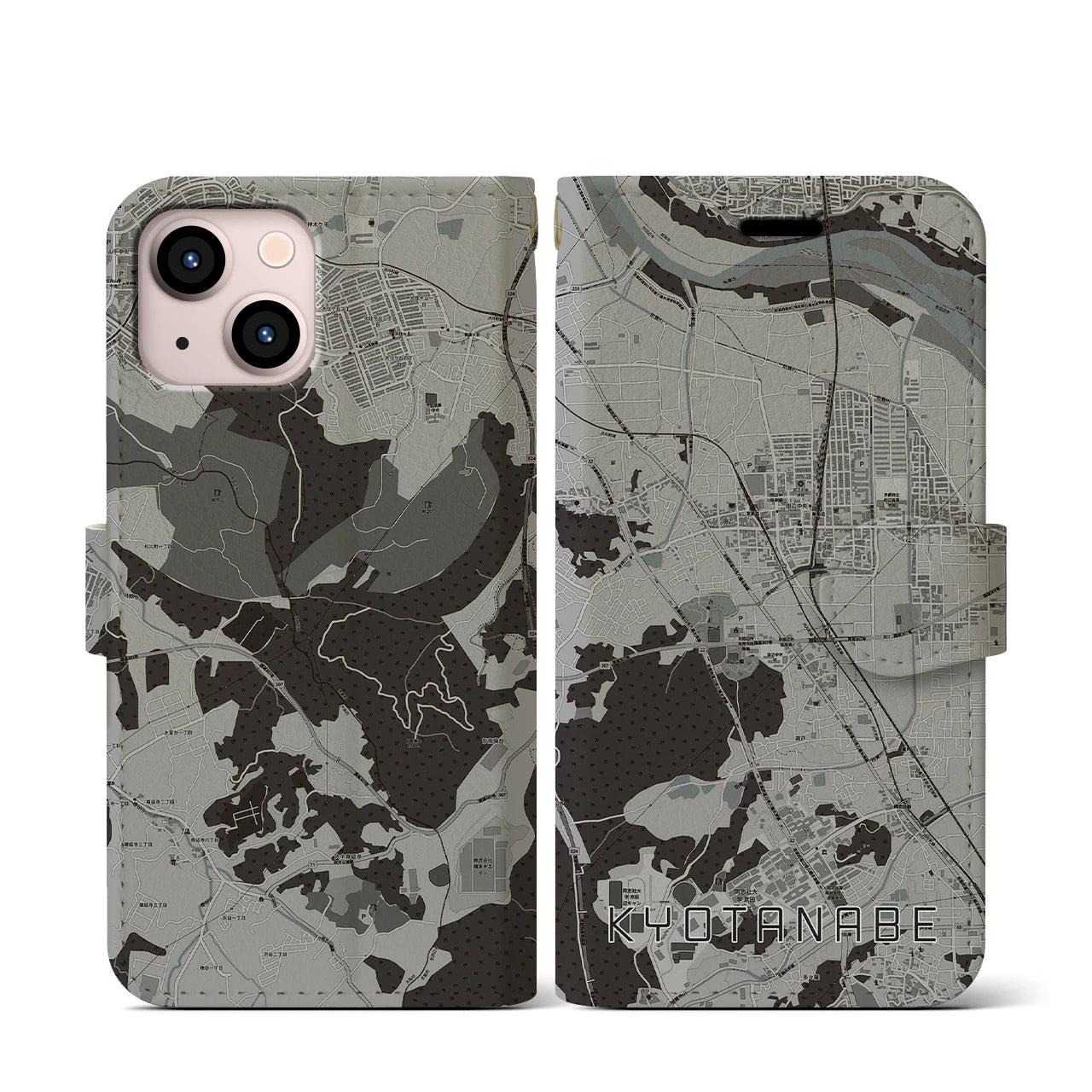 【京田辺(京都府)】地図柄iPhoneケース(手帳タイプ)モノトーン・iPhone 13 mini 用