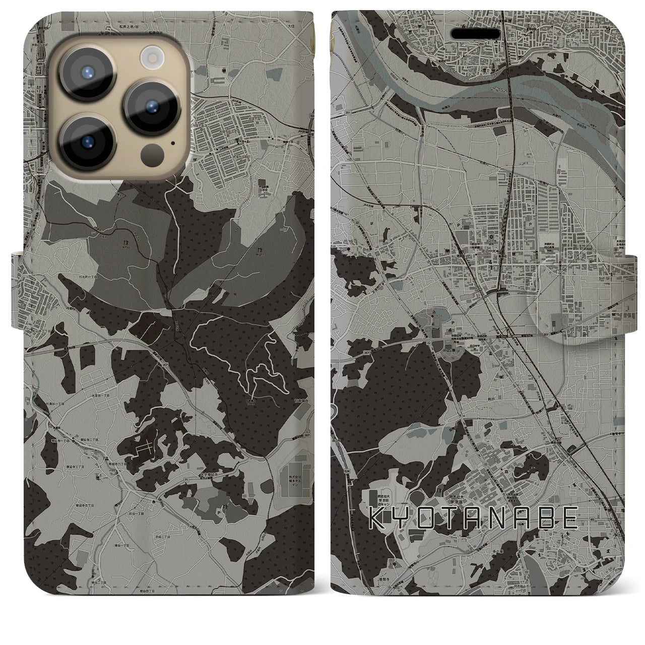 【京田辺(京都府)】地図柄iPhoneケース(手帳タイプ)モノトーン・iPhone 14 Pro Max 用
