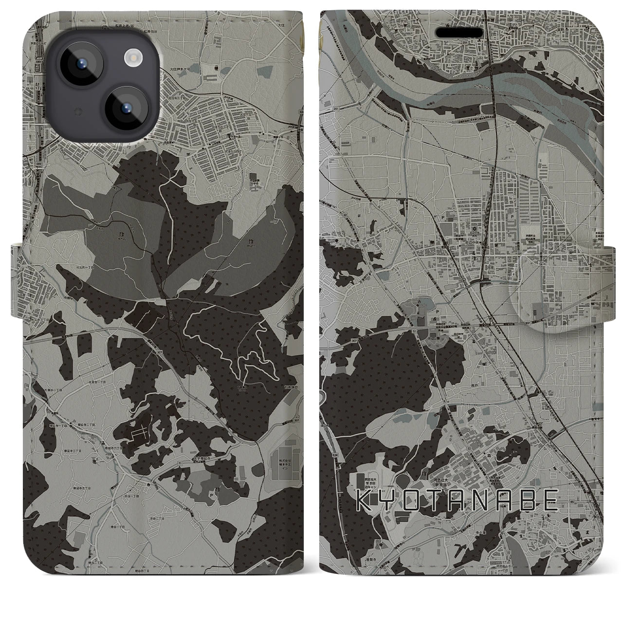 【京田辺(京都府)】地図柄iPhoneケース(手帳タイプ)モノトーン・iPhone 14 Plus 用