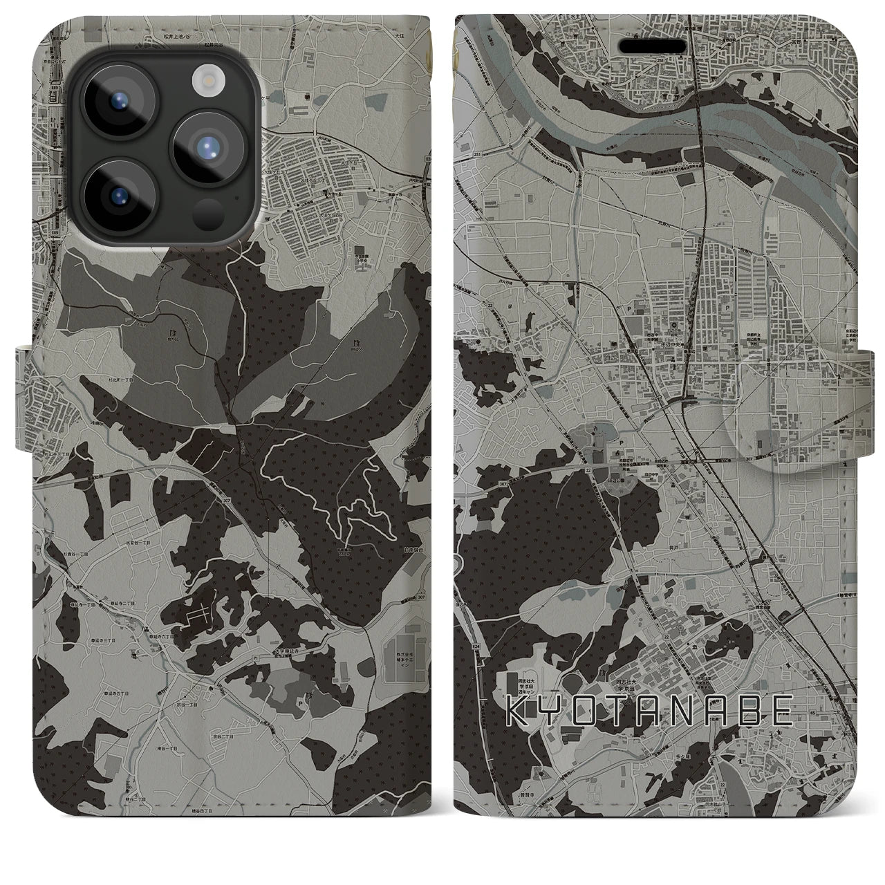 【京田辺(京都府)】地図柄iPhoneケース(手帳タイプ)モノトーン・iPhone 15 Pro Max 用