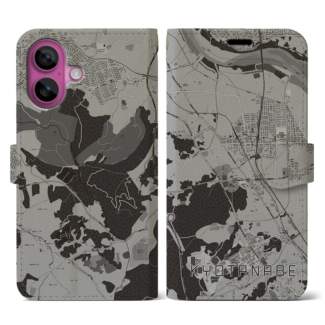【京田辺(京都府)】地図柄iPhoneケース(手帳タイプ)モノトーン・iPhone 16 Pro 用