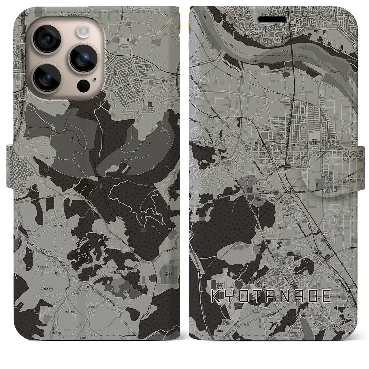 【京田辺(京都府)】地図柄iPhoneケース(手帳タイプ)モノトーン・iPhone 16 Plus 用
