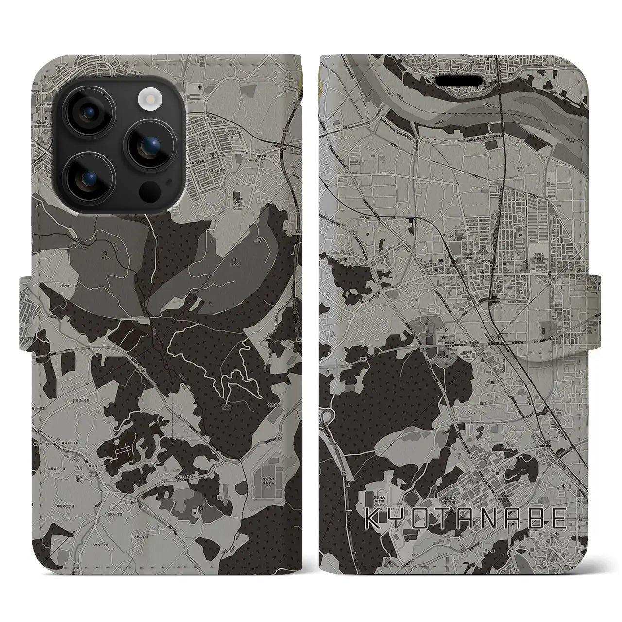 【京田辺(京都府)】地図柄iPhoneケース(手帳タイプ)モノトーン・iPhone 16 用