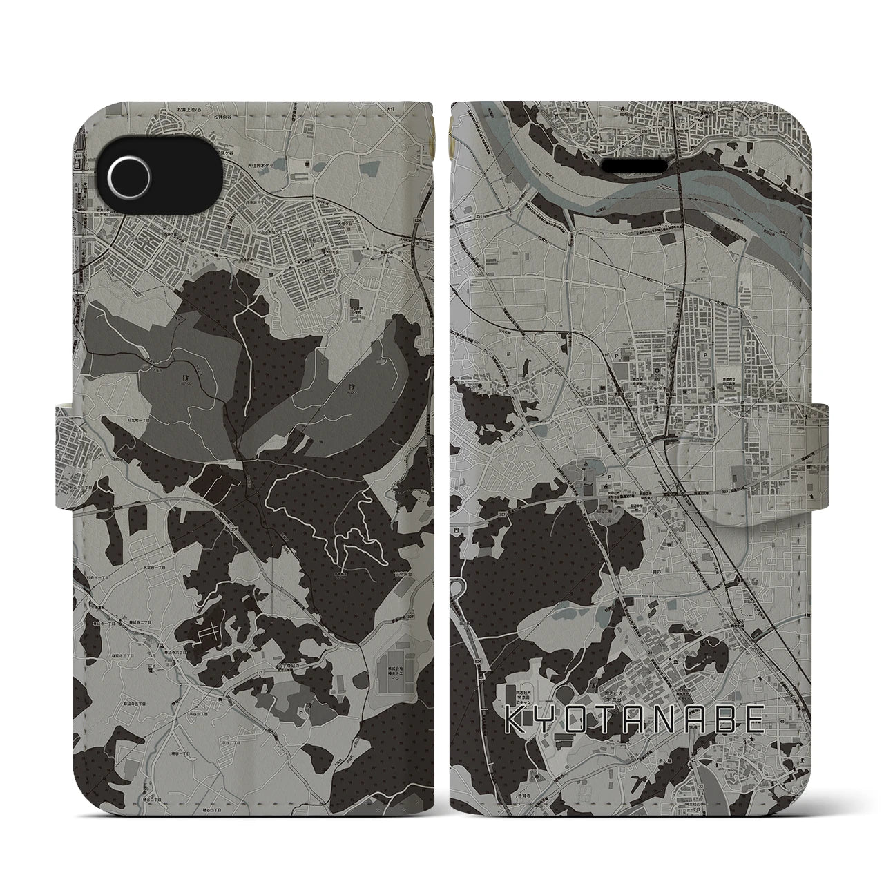 【京田辺(京都府)】地図柄iPhoneケース(手帳タイプ)モノトーン・iPhone SE(第3 / 第2世代) / 8 / 7 / 6s / 6 用