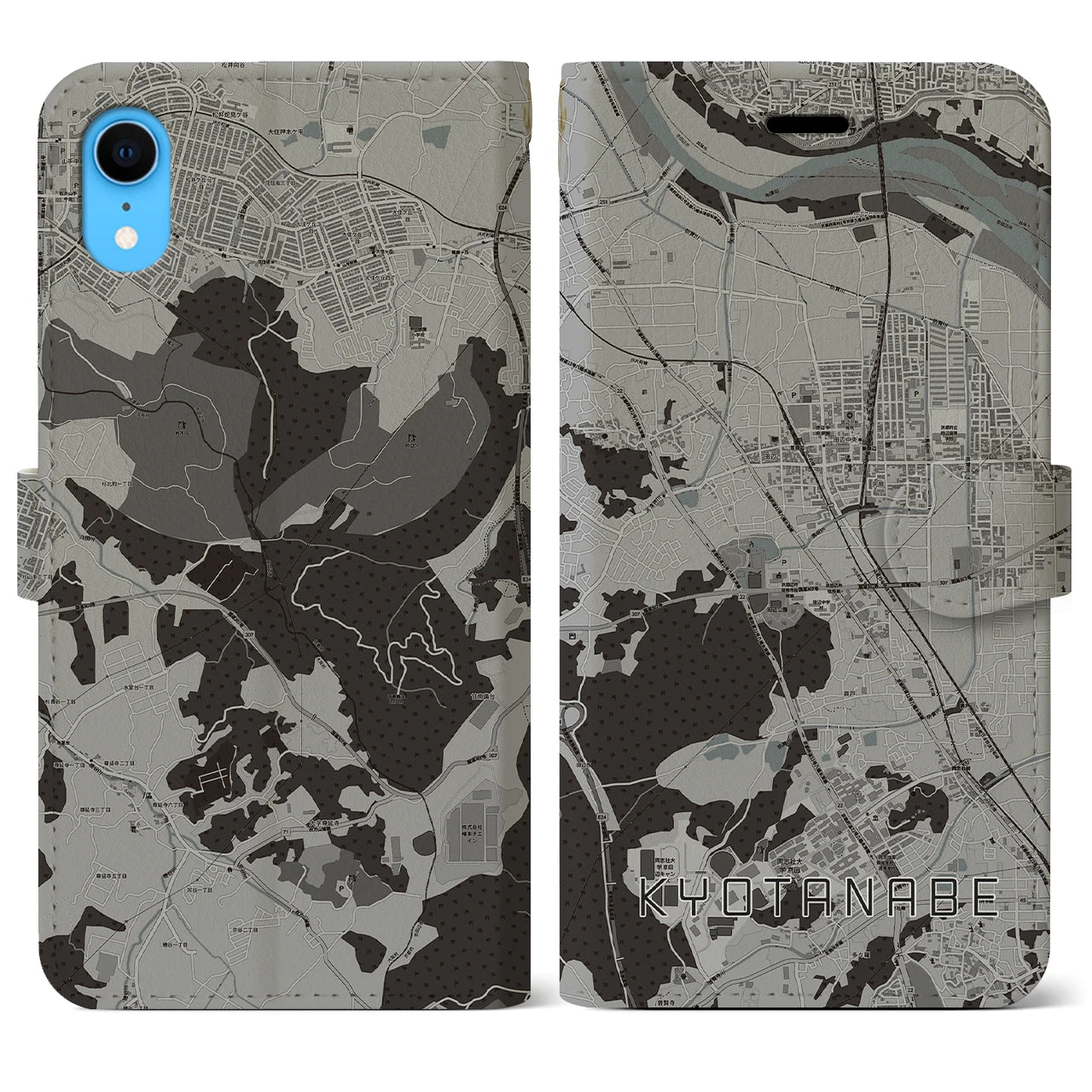 【京田辺(京都府)】地図柄iPhoneケース(手帳タイプ)モノトーン・iPhone XR 用